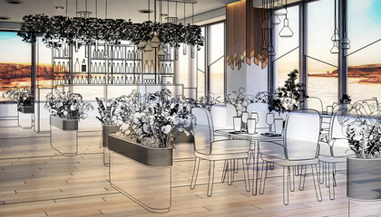 Sketch of a Modern Outlook Restaurant With Appealing Interior Design - 3D Visualization