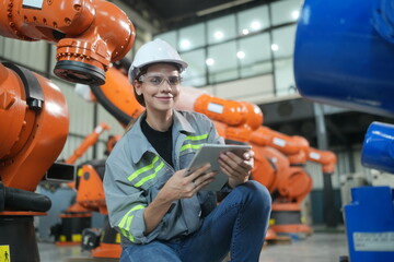 Portrait of Female Automotive Industry 4.0 Engineer in Safety Uniform Using Laptop at Car Factory Facility. Assembly Plant. engineer working at automated AI robotic production factory..