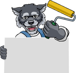 A wolf painter decorator handyman cartoon construction man mascot character holding a paint roller tool