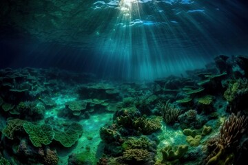 Underwater coral reef landscape super wide banner background in the deep blue ocean. Bright beams of sunlight refracting through the surface of the ocean. Ocean Underwater Background Image