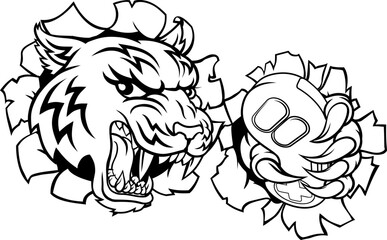 A tiger gamer player cartoon animal sports mascot holding a video game controller in its claw