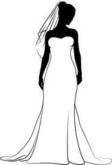 A woman bride in a bridal wedding dress in a silhouette