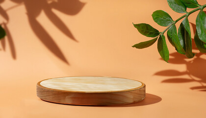 Wooden podium for display product. Background for cosmetic product branding, identity and packaging