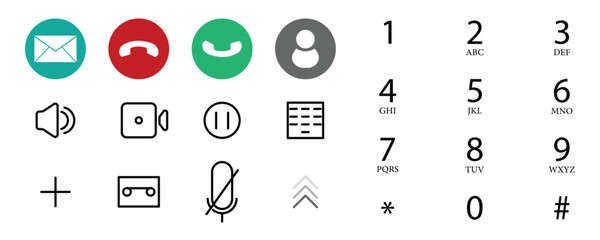 Phone screen, call button and icon. Smartphone , Phone call interface set. Accept button, reject button, numbers and signs. - obrazy, fototapety, plakaty