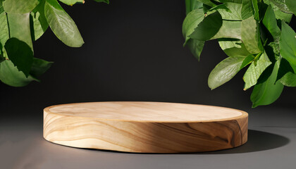 Natural round wooden stand for presentation and exhibitions on black background with shadow. Copy space.