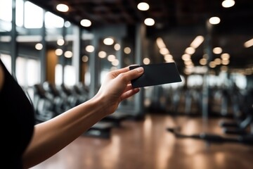 hands hold a credit gift card on the background of a sports gym.discounts, gifts. Generative AI 