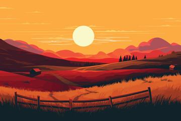 Vector flat landscape illustration of countryside nature view in sunset