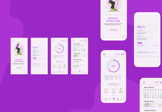 Workout Tracker Mobile App UI Kit Including as Sign In, Sign Up, Daily Process Screens for Responsive Websites.