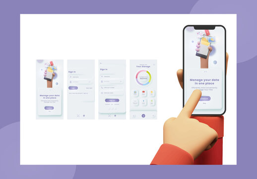 Data Storage Management Mobile App UI, UX Screens with 3D Human Hand.