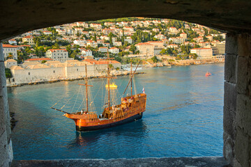Fototapeta na wymiar Karaka Boat in the Adriatic Sea - View from Dubrovnik Walls