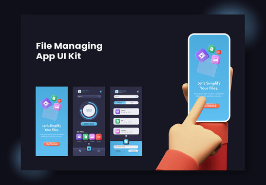 File Managing Mobile App UI Splash Screens, Template Layout In Blue Color.