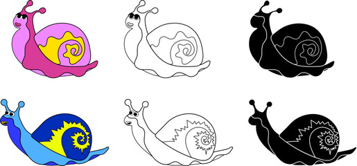 snail boy and girl, color, contour and black and white picture, snail coloring kit,