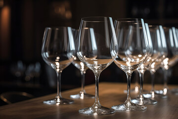 Empty transparent wine glasses on a table on dark background. AI generated
