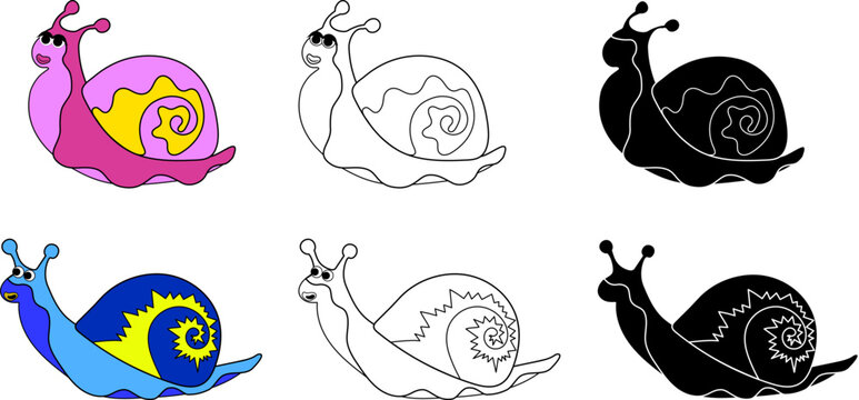 snail boy and girl, color, contour and black and white picture, snail coloring kit,