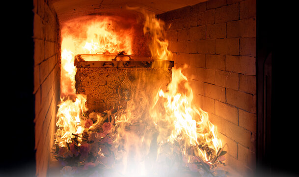 The crematorium for death people on fire flame burning in the cremate.,Thai religious ritual,symbol of sending the souls of the deceased