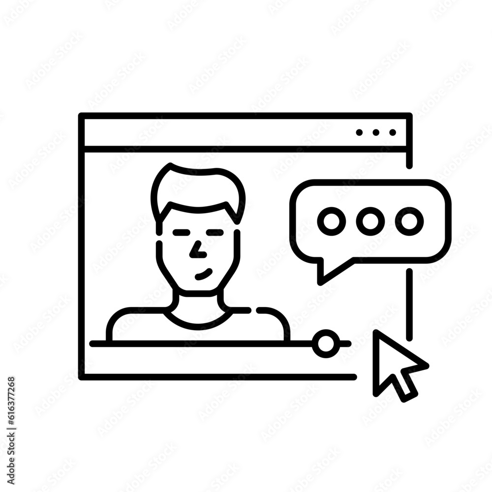 Poster watching video blogs online. male blogger talking with subscribers in internet browser. pixel perfec