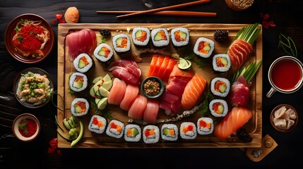 Fototapeta na wymiar Overhead japanese sushi food.