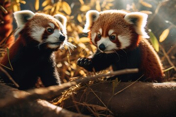 Fototapeta premium Playful Red Pandas Energetic Bamboo Eaters