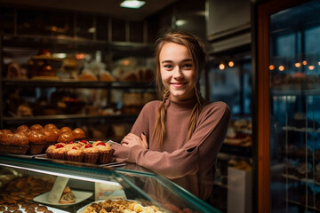 Smiling saleswomen at the bakery. AI generative.