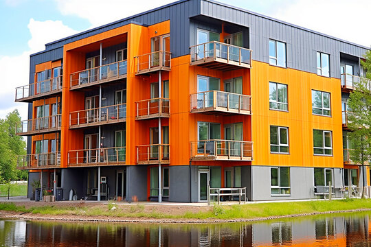 Modern and environmentally friendly apartment buildings built over water. AI generativ.