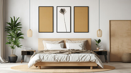 Fototapeta na wymiar Mock up poster frame at bedroom, Mockups Design 3D, HD