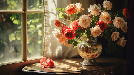 roses in vase on old table with window lighting in a morning - obrazy, fototapety, plakaty