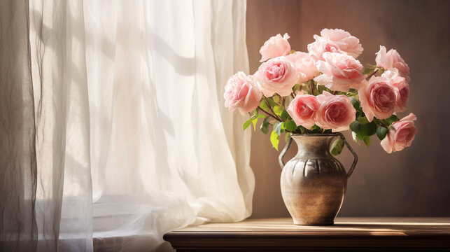 roses in vase on old table with window lighting in a morning. generative AI