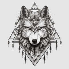 black and white wolf on the background of a boho style triangle motif, a symbol of indigenous indians from north america, generative AI
