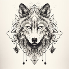 black and white wolf on the background of a boho style triangle motif, a symbol of indigenous indians from north america, generative AI