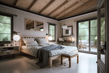 Fototapeta na wymiar Classic style bedroom interior with bed in counrtry house. AI generated