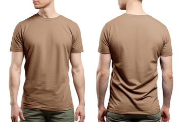 Photo realistic male beige t-shirts with copy space, front, and back view