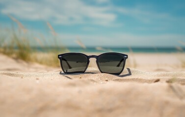 Fototapeta na wymiar Sunglasses on the sand. Sunglasses close-up shot. Summertime photo with sunglasses.