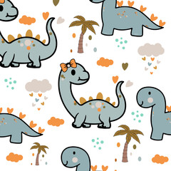 Fototapeta na wymiar set of cartoon animals, vector seamless pattern with dinosaurs