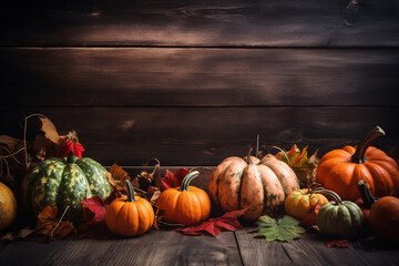 composition of autumn pumpkins for thanksgiving day on wooden background