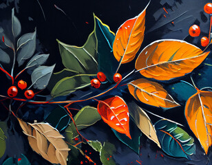Details of acrylic paintings showing colour, textures and techniques. Expressionistic leaves and orange berries