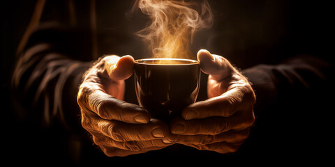 Captivating close-up of man's hands cradling steaming, aromatic coffee cup, warm inviting background with mesmerizing light swirls highlighting comforting aroma and timeless allure. Generative AI