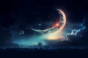 Naklejka na ściany i meble Bright Crescent Moon Illuminating the Night Sky. AI