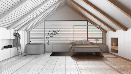 Architect interior designer concept: hand-drawn draft unfinished project that becomes real, penthouse, minimal bedroom and bathroom. Japandi scandinavian style
