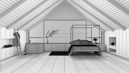 Blueprint unfinished project draft, penthouse interior design, minimal bedroom and bathroom with sloping wooden ceiling and big panoramic window. Japandi scandinavian style