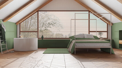 Penthouse interior design, minimal bedroom and bathroom in green and white tones. Sloping wooden ceiling and panoramic window. Japandi scandinavian style