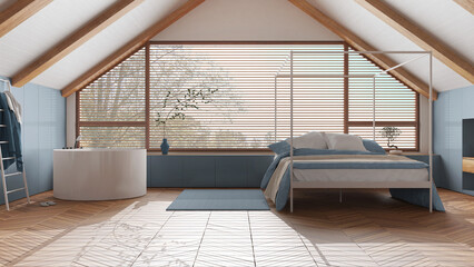 Penthouse interior design, minimal bedroom and bathroom in blue and white tones. Sloping wooden ceiling and panoramic window. Japandi scandinavian style