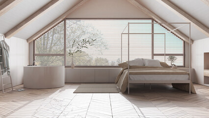 Penthouse interior design, minimal bedroom and bathroom in white tones. Sloping bleached wooden ceiling and panoramic window. Japandi scandinavian style