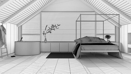 Blueprint unfinished project draft, penthouse interior design, minimal bedroom and bathroom. Sloping wooden ceiling and panoramic window. Japandi scandinavian style