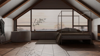 Dark late evening scene, penthouse interior design, minimal bedroom and bathroom. Sloping wooden ceiling and panoramic window. Japandi scandinavian style
