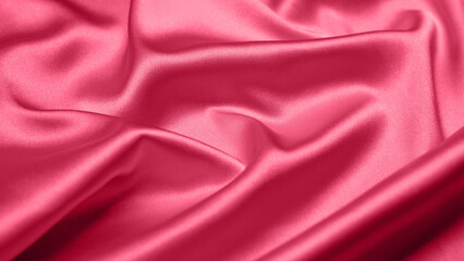 Viva Magenta toned red magenta fabric atlas. Close up pink silk satin texture for sewing. Abstract background wallpaper. Twisted folds cloth. Trendy color of the year 2023. Fashion color pattern

