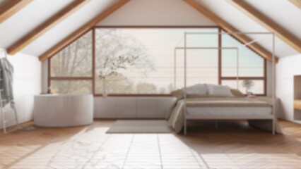 Blurred background, penthouse interior design, minimal bedroom and bathroom. Sloping wooden ceiling and panoramic window. Japandi scandinavian style