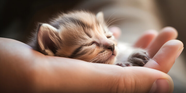 Enchanting Close-up Of Man's Hands Cradling Playful Kitten, Soft Pastel Background, Warm Digital Light On Fur For Heartwarming Connection. Emotional & Captivating. Generative AI