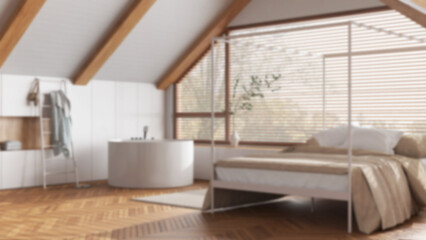 Blurred background, attic interior design, minimal wooden bedroom and bathroom with canopy bed and panoramic window. Bathtub and decors. Japandi scandinavian style