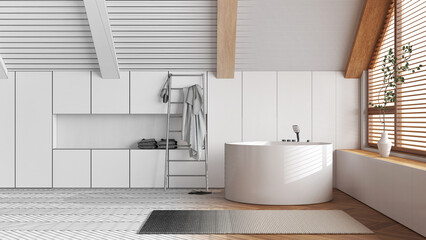 Architect interior designer concept: hand-drawn draft unfinished project that becomes real, minimal wooden bathroom with bathtub and panoramic window. Japandi scandinavian style