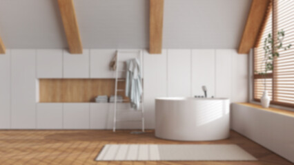 Blurred background, attic interior design, minimal wooden bathroom with round bathtub and panoramic window. Towels and decors. Japandi scandinavian style